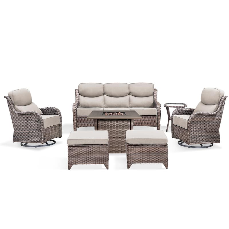 Pocassy 7 Pieces Outdoor 6" Sofa Swivel Chair Ottoman with Fire Pit Table
