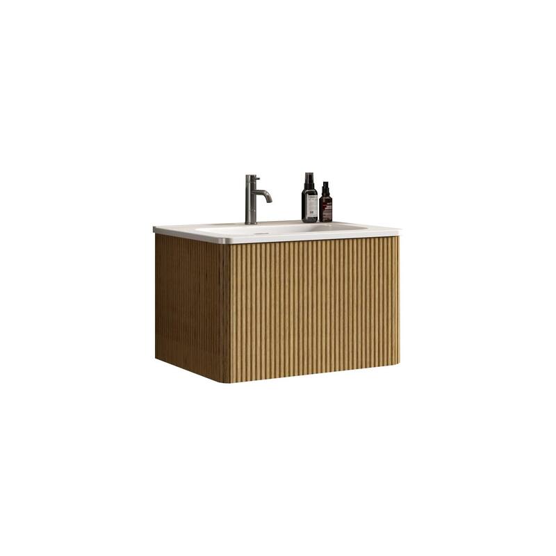 24 Inch Striped Walnut Bathroom Vanity with White Ceramic Sink,Wall Mounted Floating Bathroom Vanity for Modern Bathroom