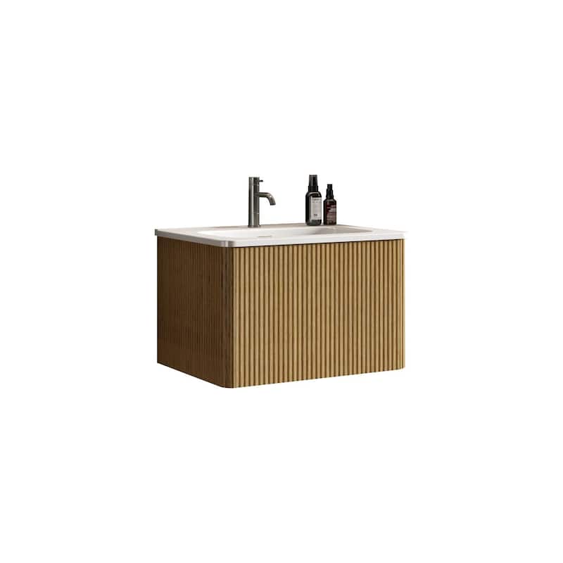 Modern Wall Mounted Striped Bathroom Vanity with Ceramic Sink