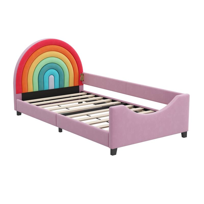 Rainbow Upholstered Twin Daybed Low to The Ground Design Cute Style Princess Bed for Boys & Girls, Teens, Colorful & Pink