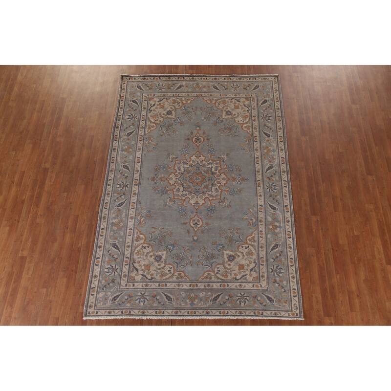 Hand Knotted Oriental 100% Wool Carpet Traditional Medallion Greys & Charcoal Tabriz Area Rug - 9' 7'' X 6' 8''