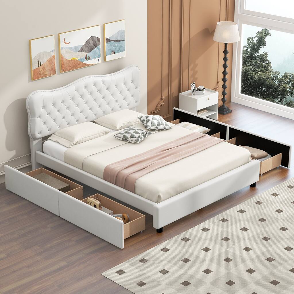 Queen Size PU Leather Upholstered Platform Bed with 4 Drawers