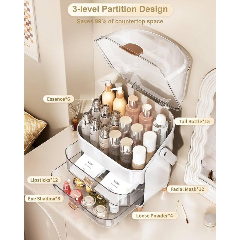 Makeup Skincare Holder Bathroom Counter Storage Box Cosmetic Display Cases - 11.7"D x 11.7"W x 15.6"H