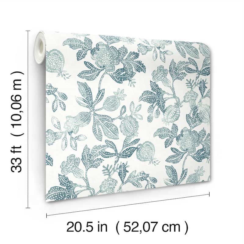 A-Street Prints Beach Rose Teal Floral Fruits Wallpaper