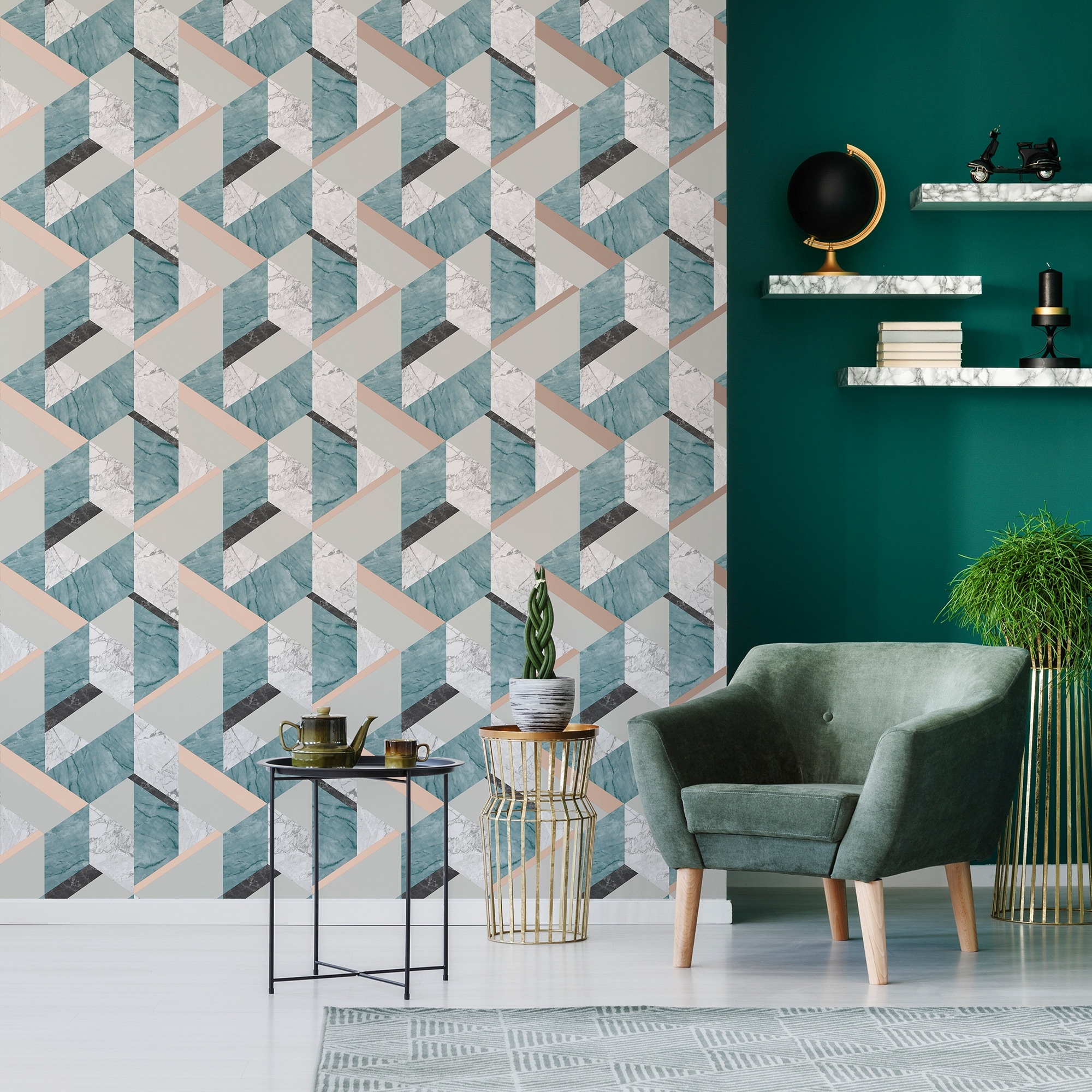 teal and rose gold wallpaper