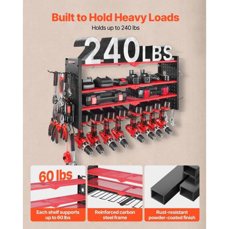 4-Tier Wall Mounted Tool Rack with 8 Drill Slots and Adjustable Shelf Pegboard Organizer - 32.87” x 8.66” x 16.54”