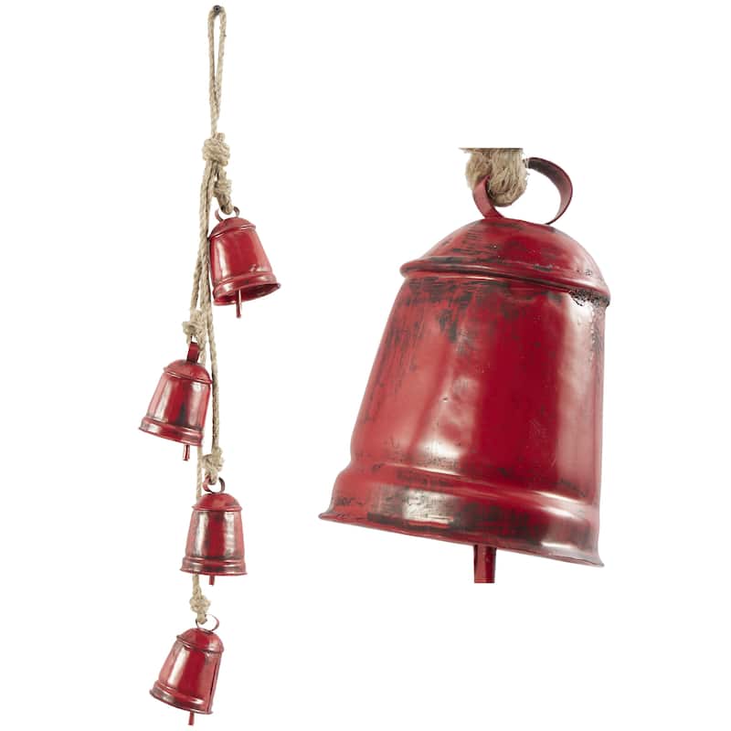 Metal Handmade Cluster Decorative Bells with 4 Bells on Jute Hanging Rope - Gold, Red, White, Black - Roche River Decor - Red