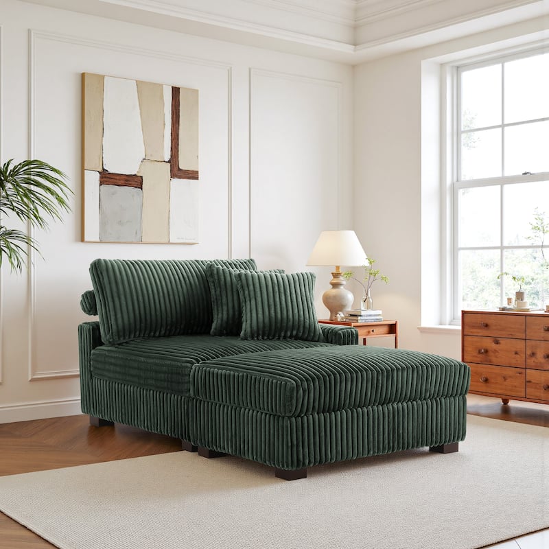 Modular Armchair and Ottoman Set with Adjustable Headrest, Flannel Upholstery - Green - Right Facing