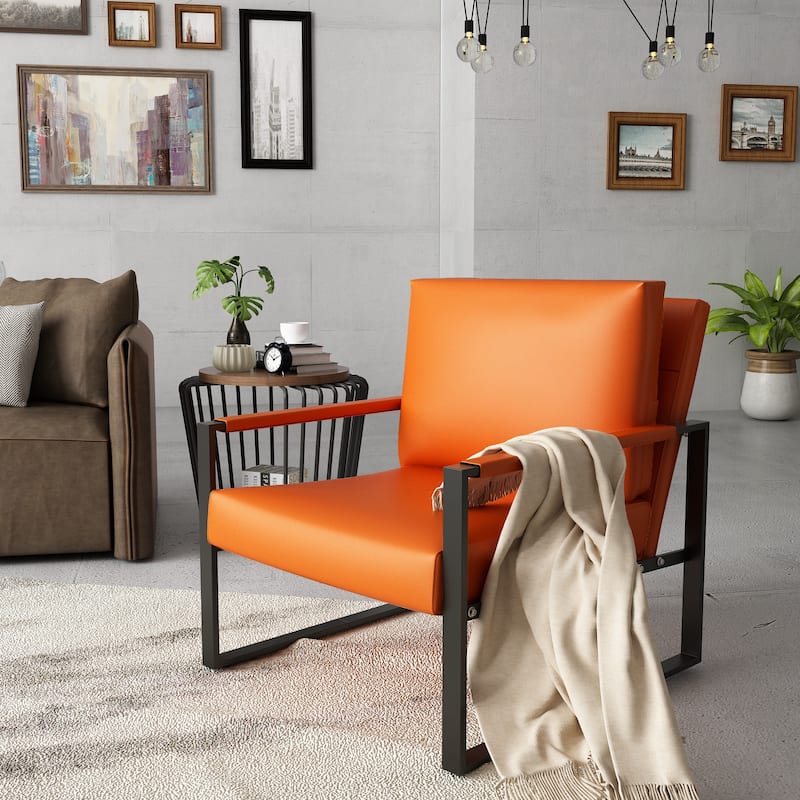 Mieres Mid-Century Style Faux Leather PU Accent Chair, Armchair with Steel Frame - Orange