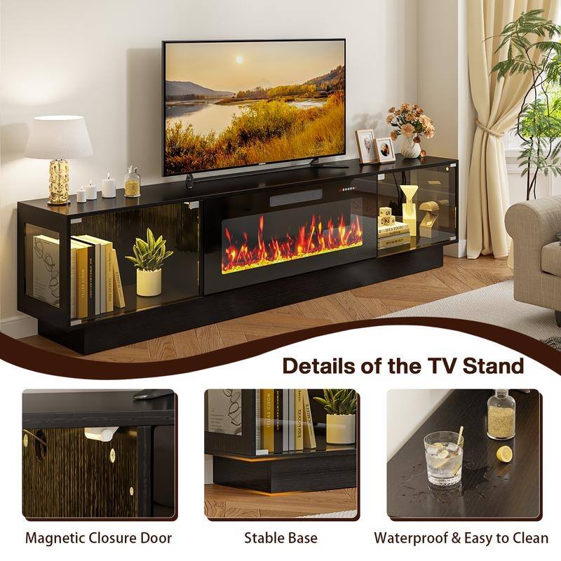 BOSSIN 80" Fireplace TV Stand with Adjustable LED Lights, Modern Entertainment Center with Glass Door Storage Cabinet, Black