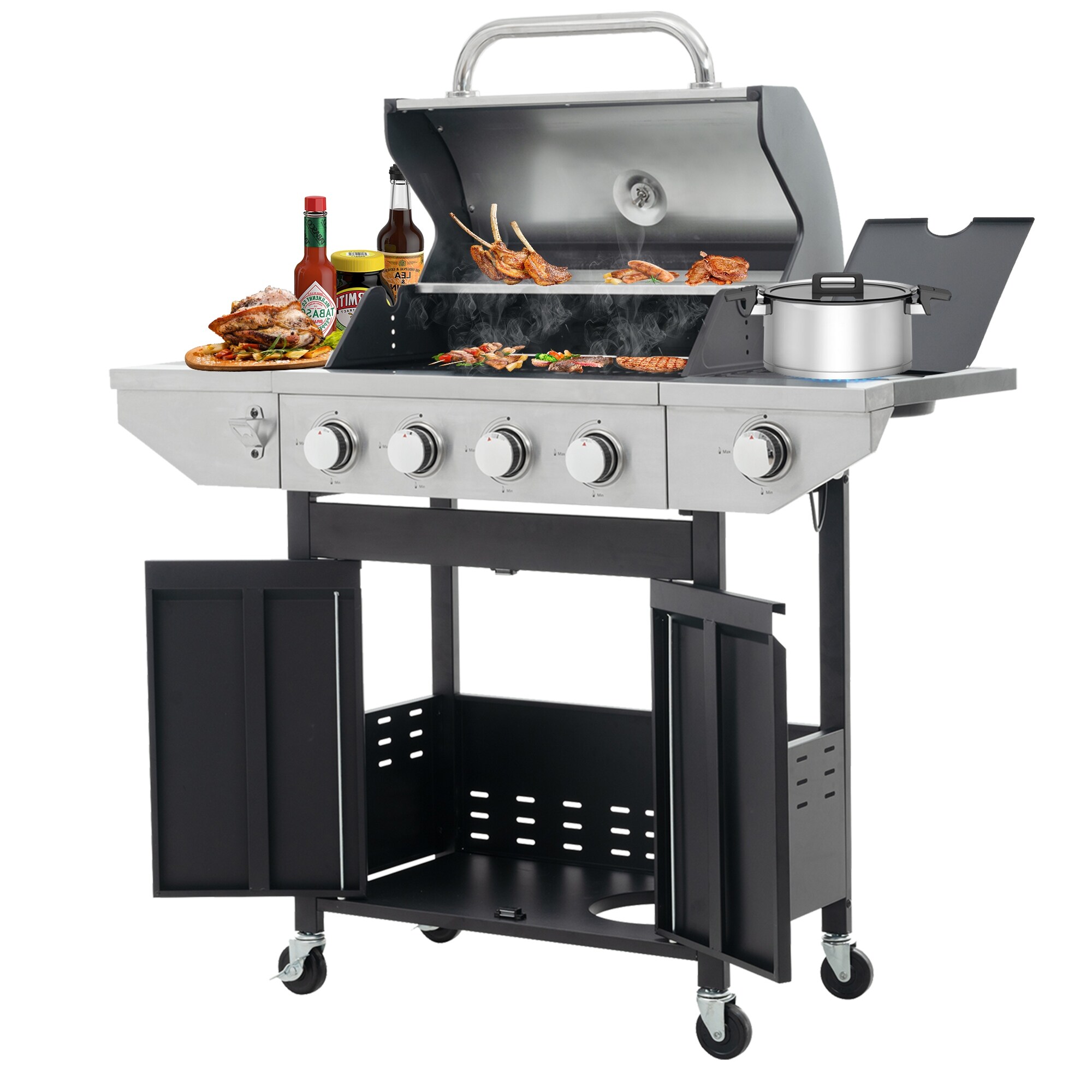 4 Burner Stainless Stee Barbecue Gas Grill with Side Burner and 
