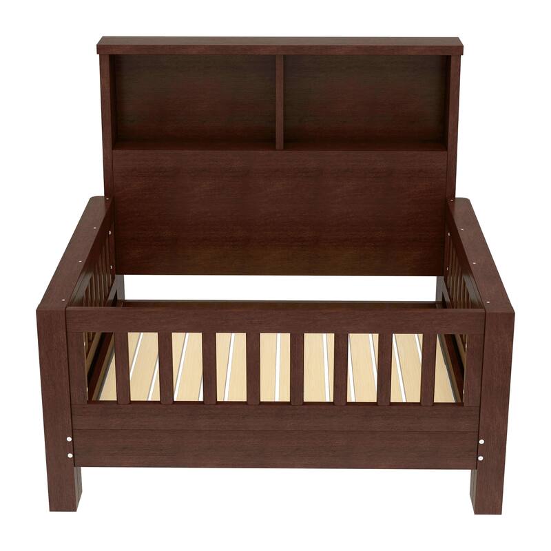 Espresso Twin Platform Bed with Pull-Out Storage Headboard & Safety Rails!