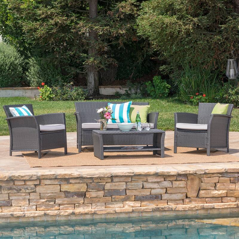 Outdoor Wicker Sofa Set with Loveseat and Chairs, 4-Piece Patio Conversation Sofa Set with Cushions and Table