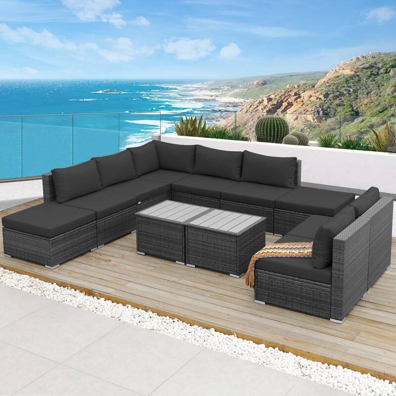 FINCATI Outdoor High-back Wicker Patio Sectional Set, 500 lbs Luxury Oversized Conversation Set, Spacious Couch Set - 162002 - Dark Grey