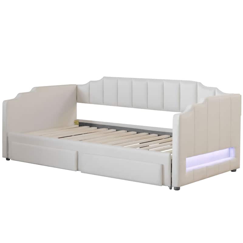 Extendable Twin XL to King Upholstered Daybed with Storage Drawers and LED Light, Beige