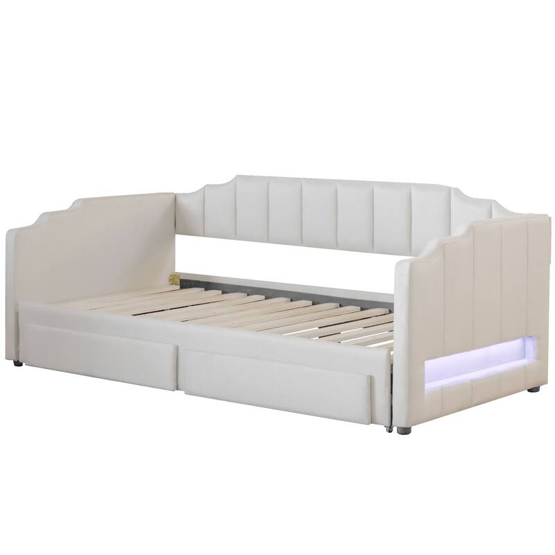 Roomfitters Twin XL Upholstered Daybed with LED Lights and 2 Storage Drawers, Extendable Pull-Out Sofa Bed Frame