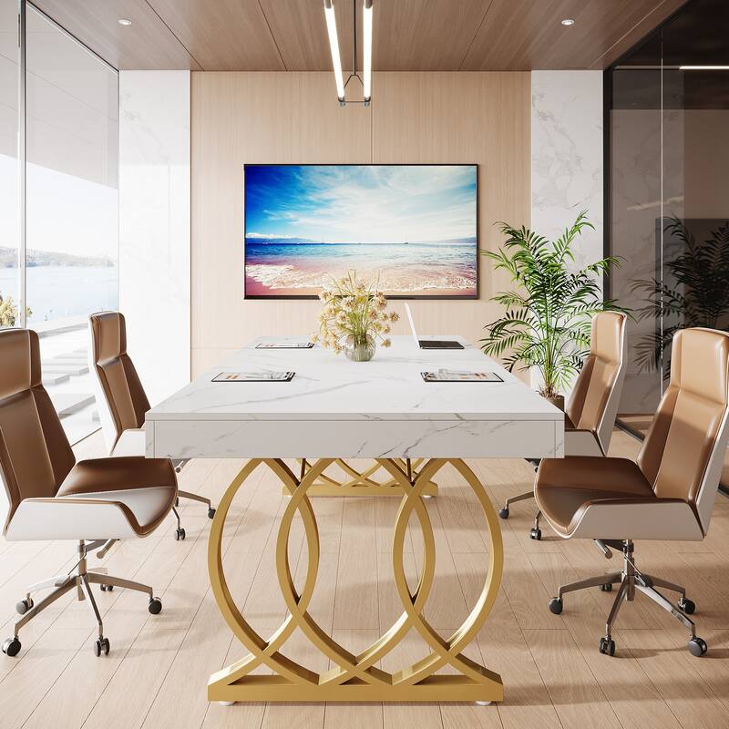 5FT Conference Table, Modern Meeting Table with Gold Metal Farme, White and Gold - 63" L x 31.5" W x 29.5" H
