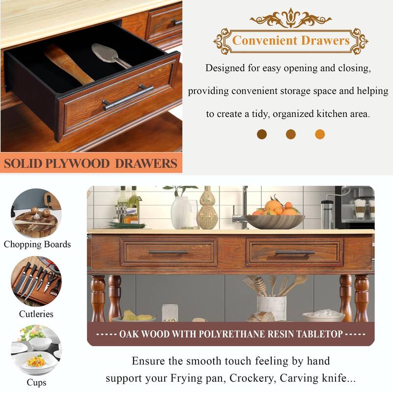 Rolling Kitchen Island Cart with Solid Oak Wood Top, Wine and Spice Rack