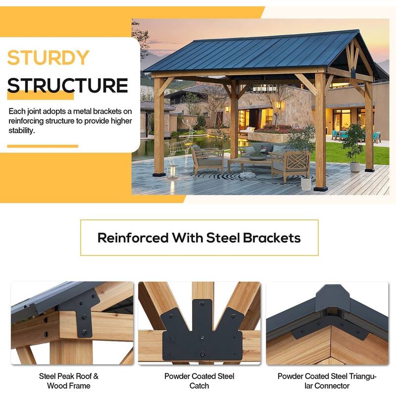 Cedar Wood Gazebo for Outdoors - Hardtop Waterproof Backyard Pergola, Natural Wood Patio Cover with Easy Assembly