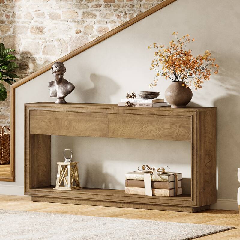 63" Farmhouse Console Table with 2 Drawers for Living Room - Brown
