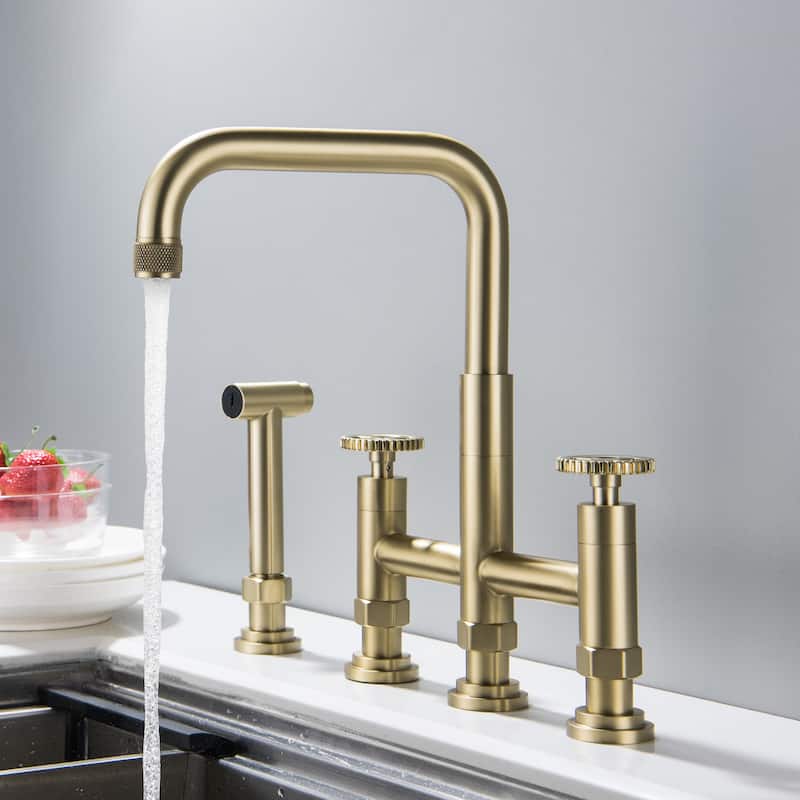 4 Hole Industrial Bridge Kitchen Faucet with Side Sprayer Commercial Stainless Steel Kitchen Sink Faucet 360 Degree Swivel - Brushed Gold