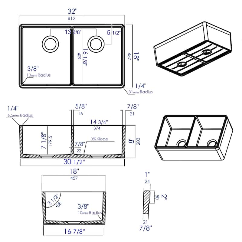 Alfi White Fireclay 32-inch Double Bowl Farmhouse Kitchen Sink with 1 3/4-inch Lip