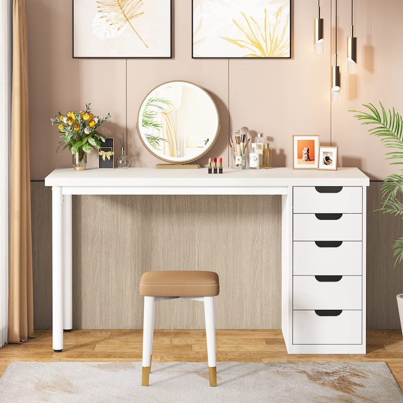 Vanity Desk with 5 Drawers, Modern Makeup Desk with Mulitple Storage, Gifts for Christmas - White