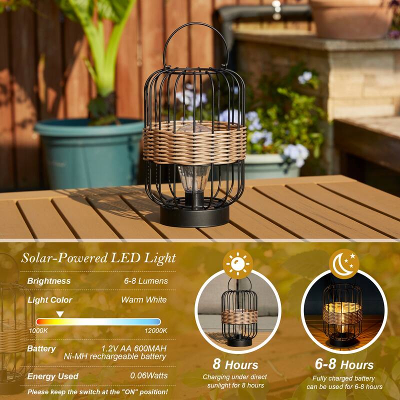 Glitzhome 11.75"H Metal & Faux Rattan Solar Powered Outdoor Lantern with Edison Bulb