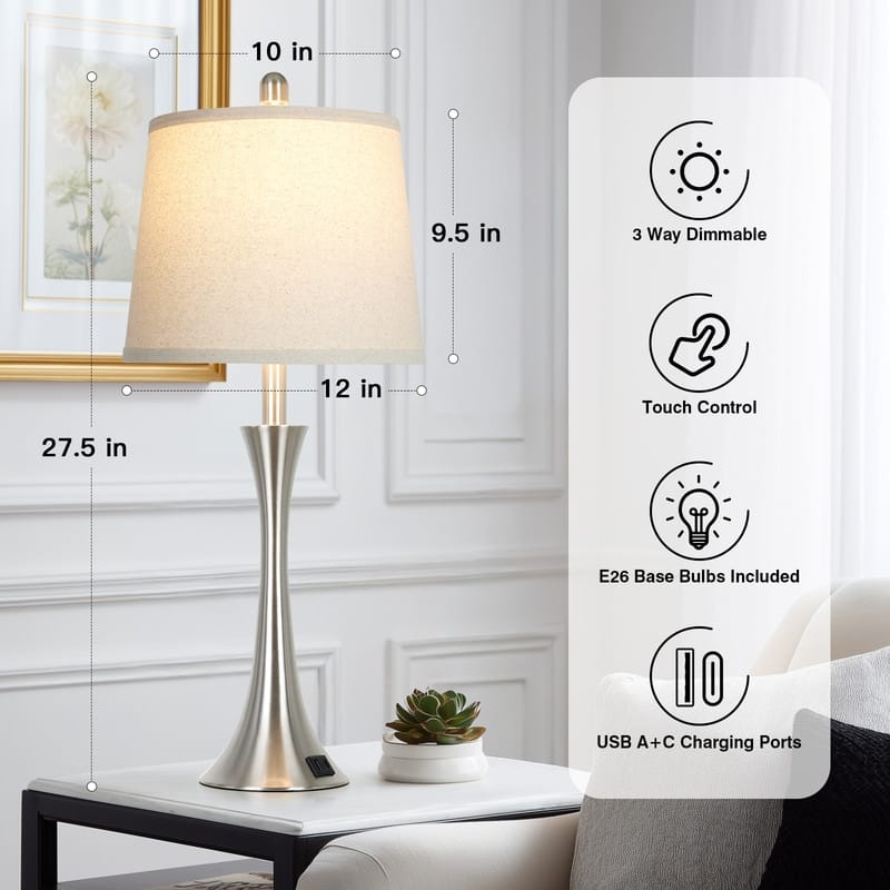 Set of 2 Modern 26-Inch Table Lamps with Dual USB Charging Ports and Oatmeal Fabric Shades - 12'' x 12'' x 27.5''