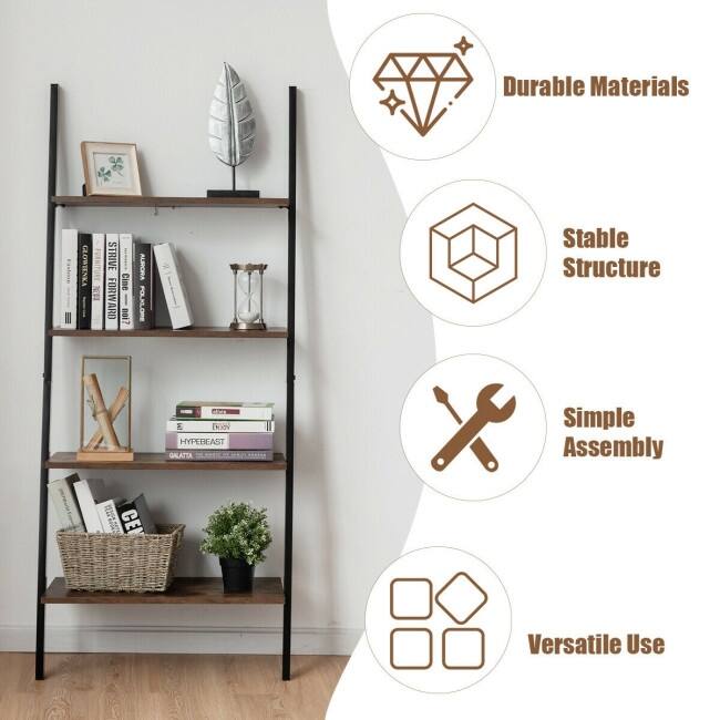 Multipurpose 4-Tier Industrial Leaning Wall Bookcase with Metal Frame - 25'' x 14'' x 60'' (L x W x H)
