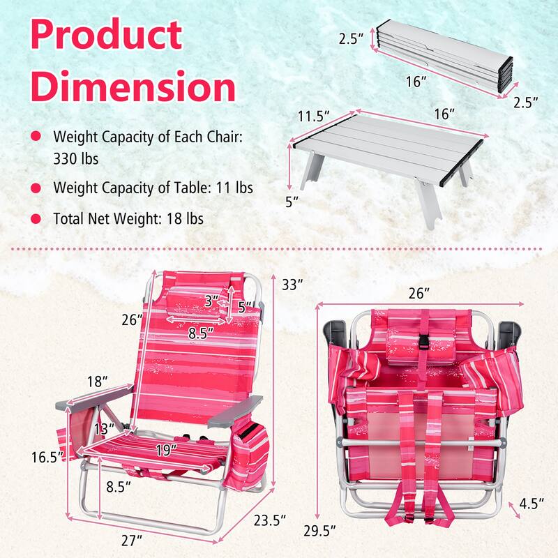 Gymax 2PCS Folding Backpack Beach Chair Table Set 5-Position Outdoor