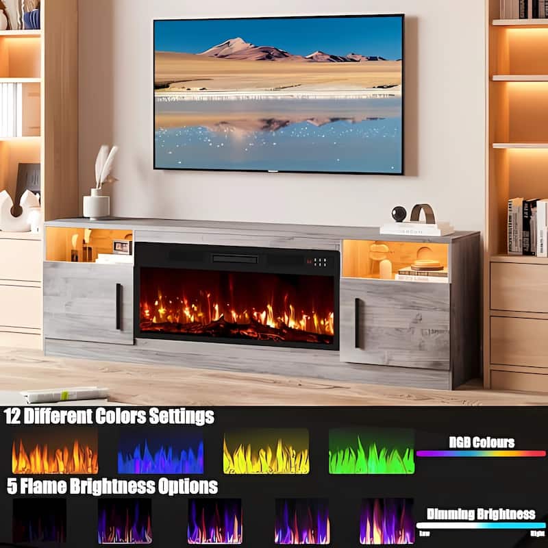 Bossin 70" Fireplace TV Stand with 36" Electric Fireplace, TV Stand for TVs Up to 80", 20 Colors LED Lights/Entertainment Center