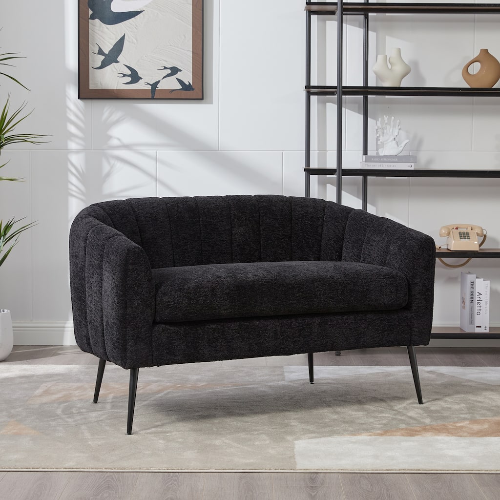 Roomfitters Chenille Loveseat, Channel Tufted 2-Seater Sofa with Metal Legs for Living Room, Bedroom or Small Spaces, Black
