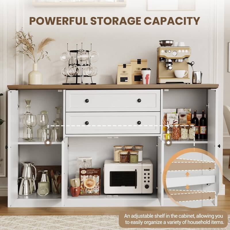 58" Farmhouse Buffet Cabinet, Sideboard Buffet Storage Cabinet with 2 Large Drawers and 4 Grooved Barn Doors