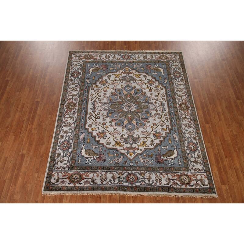 Animal Pictorial Heriz Serapi Indian Area Rug Handmade Wool Carpet - 7'10"x 9'7"