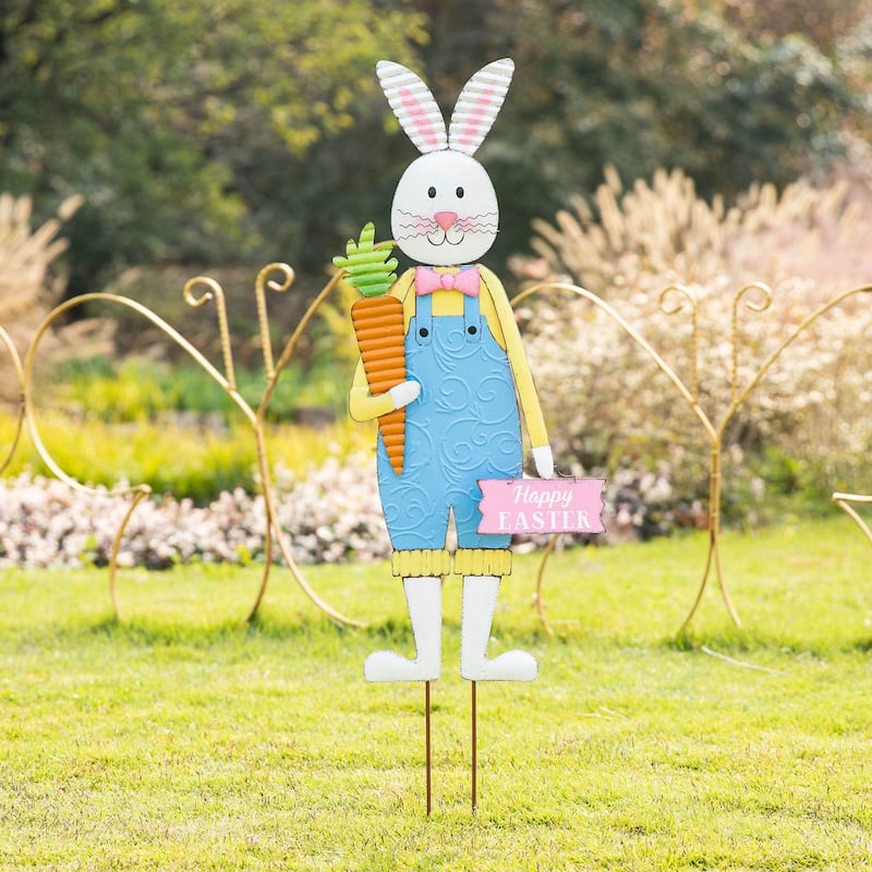 Glitzhome 36"H Set of 2 Metal Easter Bunny Girl & Boy Yard Stakes Porch Sign Wall Decor