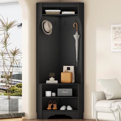 Corner Hall Tree with Shoe Bench, Entryway Coat Rack with 4 Hooks, Wood Corner Cabinet with Adjustable Shelf for Living Room