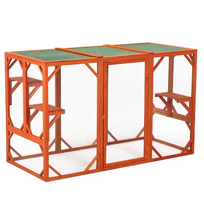 Wooden Cat House, Outdoor Cat Cage with Water-proof Asphalt Planks and Cat Perches, Orange
