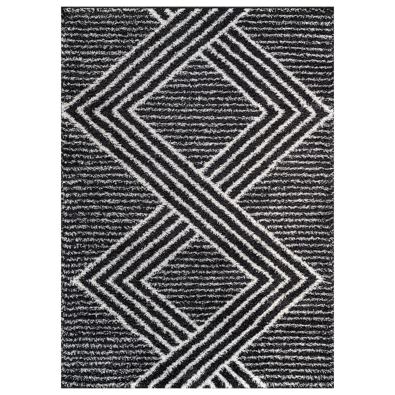 Abstract Geometric Shag Rug - Anthracite Dark Gray - Medium Pile Rug - Kid & Pet Friendly