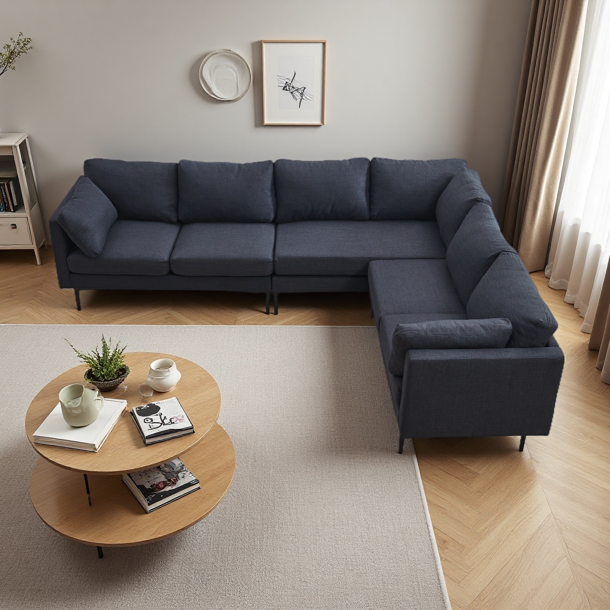 106.69" Linen L-Shaped 6-Seat Sectional Sofa with Metal Legs and 2 Pillows