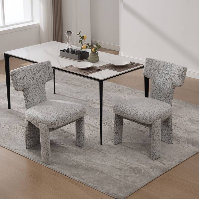 Upholstered Chenille Dining Chair with Rubberwood Legs and Armless Curved Back,Set of 2 - White+black