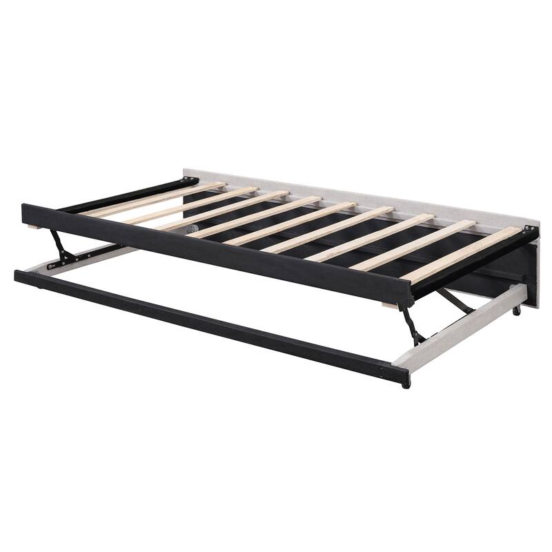 L-Shaped Daybed Twin To King Upholstered Daybed with Pop Up Trundle Linen & Wood Bed Frame for for Youth Teens or Adults