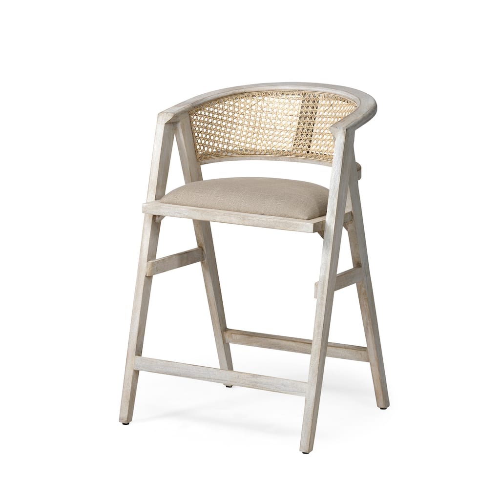 Tabitha Beige Fabric and Rattan Seat with Blonde Solid Wood Frame Counter Stool