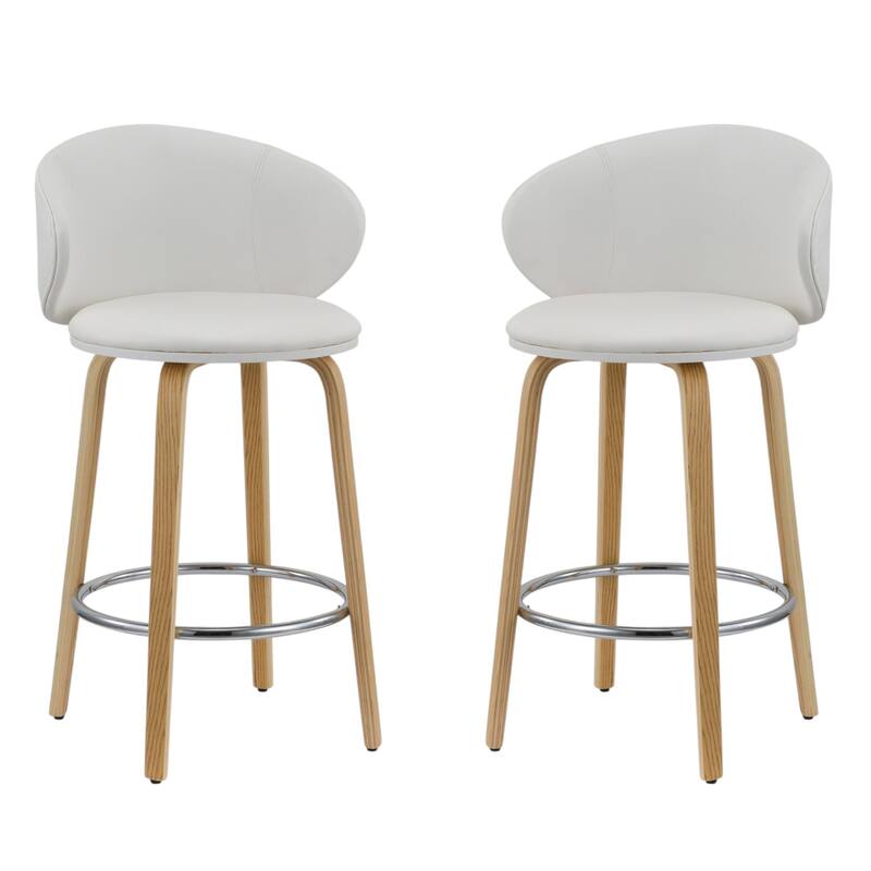 HomeRoots Set of Two 26" White and Brown Faux Leather and Solid Wood Low Back Counter Height Bar Chairs