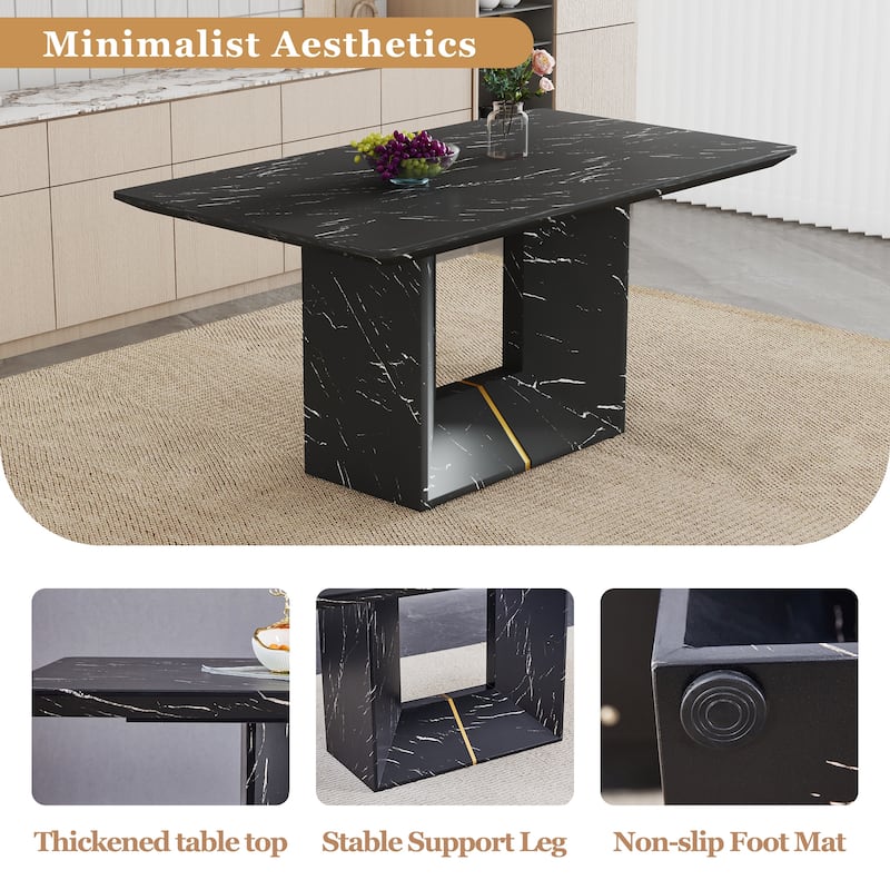 7-Piece Dining Table Set with Marble Pattern Top, O-Shaped Legs, Integrated Seat and Backrest, Non-Slip Feet