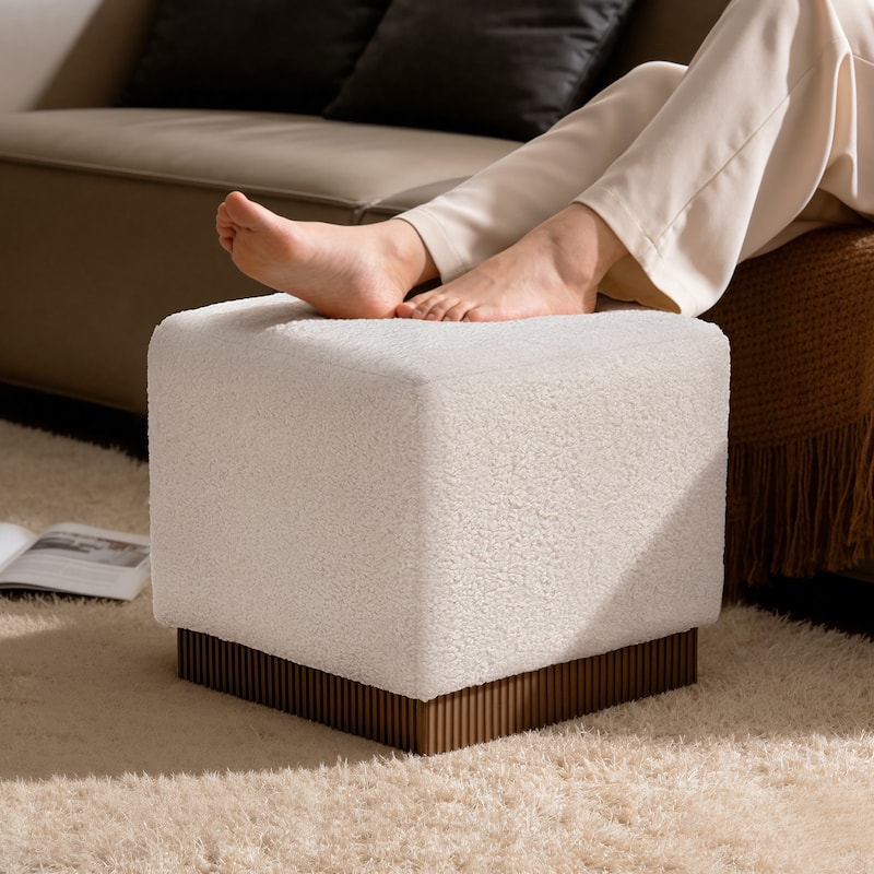 Tufted Square Ottoman Footstool Vanity Stool Sofa Side Table with Acacia Frame - White Sherpa