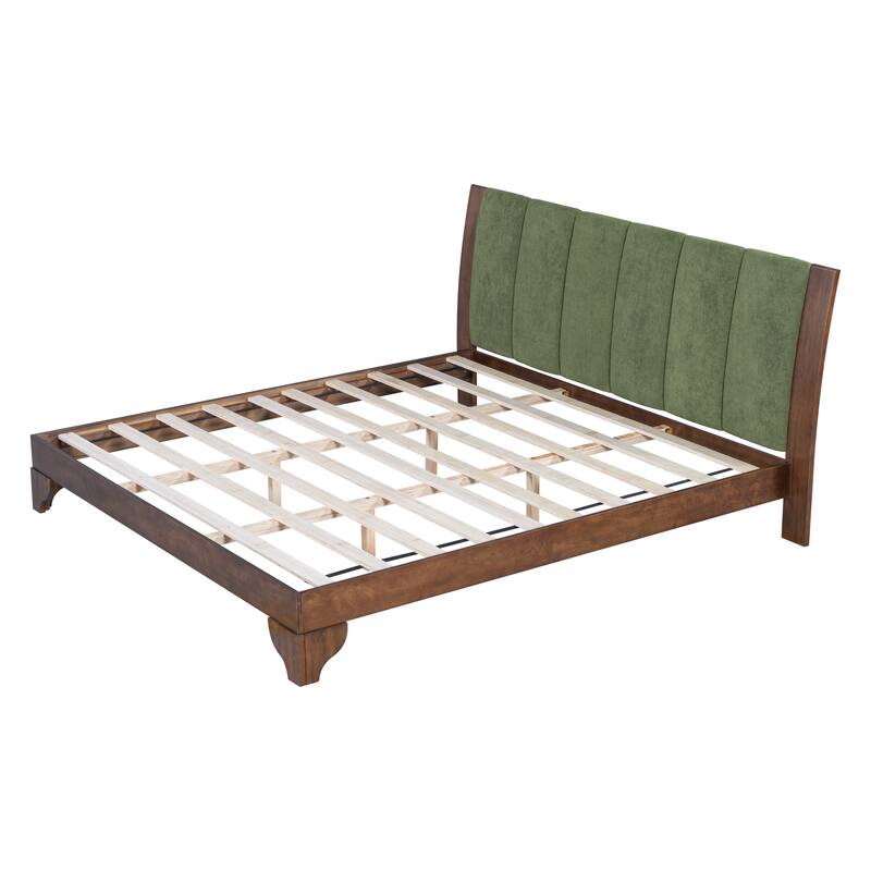 Mid-Century Modern Wood Platform Bed Frame with Upholstered Headboard, Wood Slat Support, No Box Spring Needed, Easy Assembly