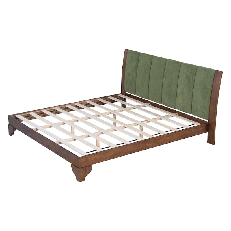Pine Wood Bed Frame Mid Century Modern Platform Bed with Green Upholstered Headboard, Wood Slat Support Low Profile Wingback Bed