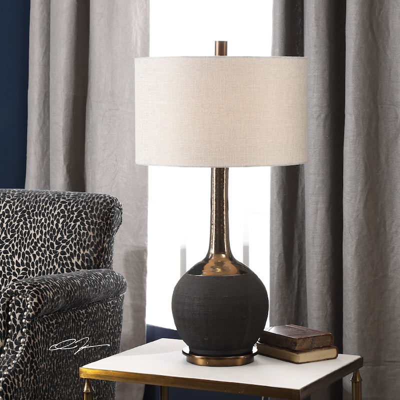 Hand Scored Ceramic Base Table Lamp with Gray Drum Shade - 32" - Black