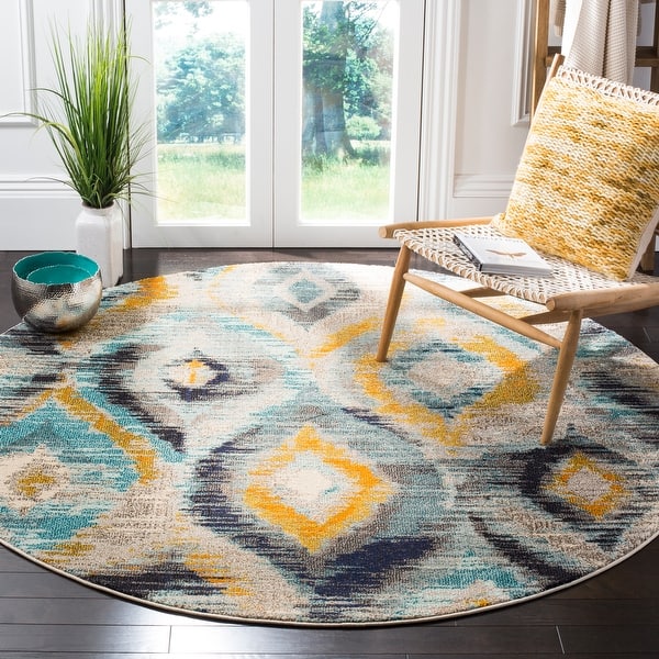 slide 2 of 38, SAFAVIEH Monaco Farahnaz Boho Ogee Watercolor Rug 4' Round - Blue/Multi - Round